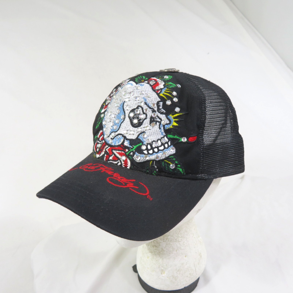 Christian Audigier Ed Hardy Hat Trucker Embroidered Skull Black Y2K Snapback
